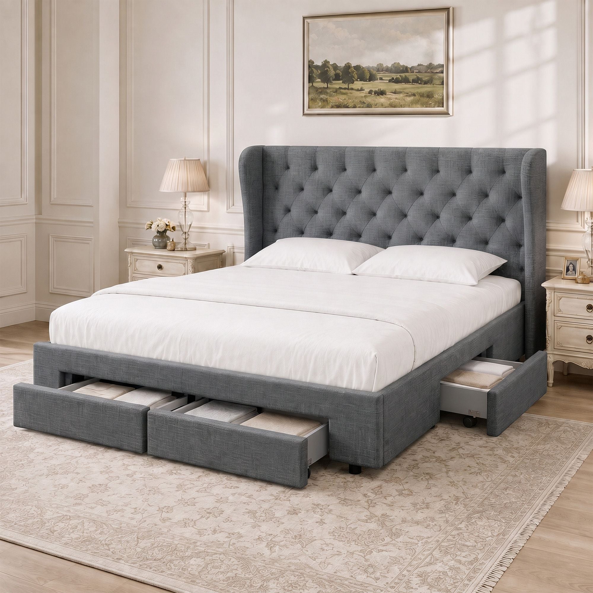 King Bed Frame with 4 Storage Drawers Upholstered Linen Charcoal