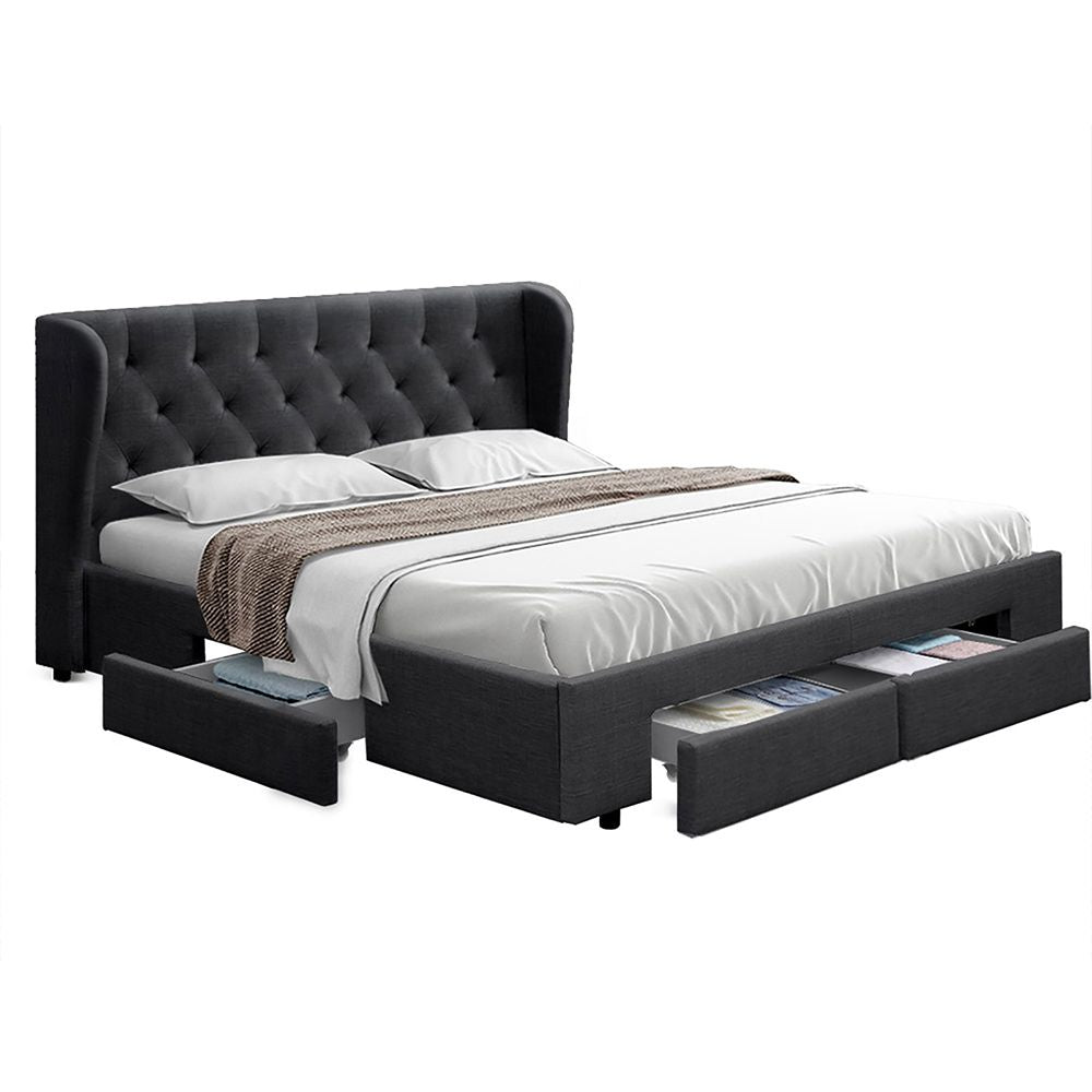 King Bed Frame with 4 Storage Drawers Upholstered Linen Charcoal