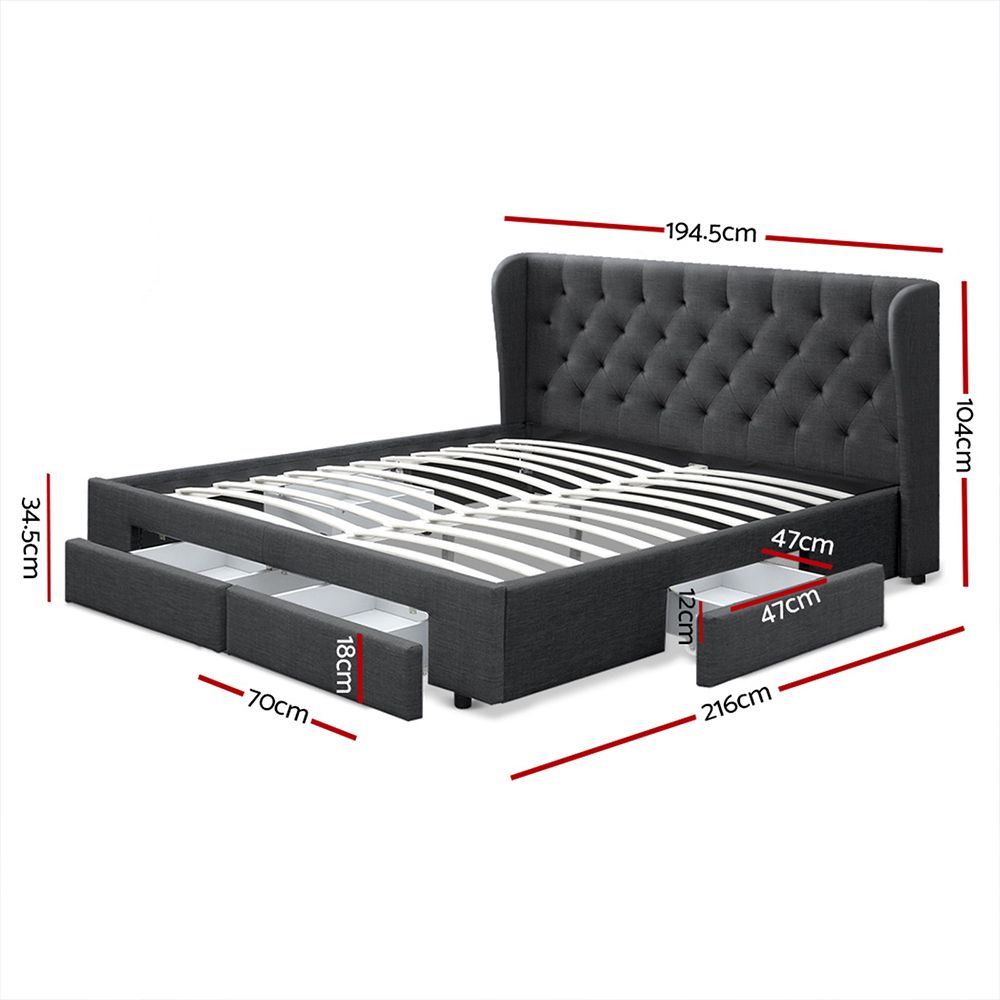 King Bed Frame with 4 Storage Drawers Upholstered Linen Charcoal