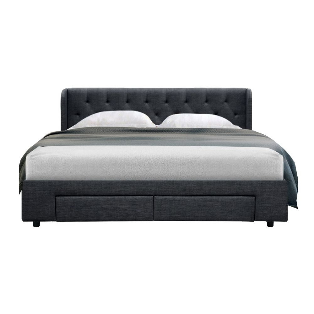 King Bed Frame with 4 Storage Drawers Upholstered Linen Charcoal