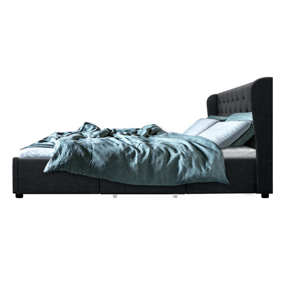 King Bed Frame with 4 Storage Drawers Upholstered Linen Charcoal