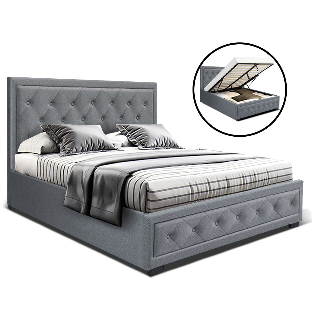 Tiyo Bed Frame Fabric Gas Lift Storage - Grey Double