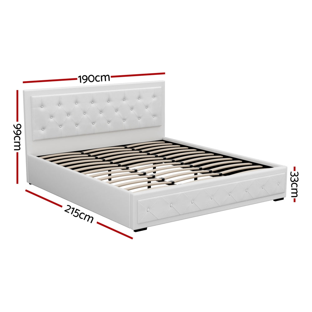 Artiss PVC Leather Gas‑Lift Storage Bed Frame – King (White)