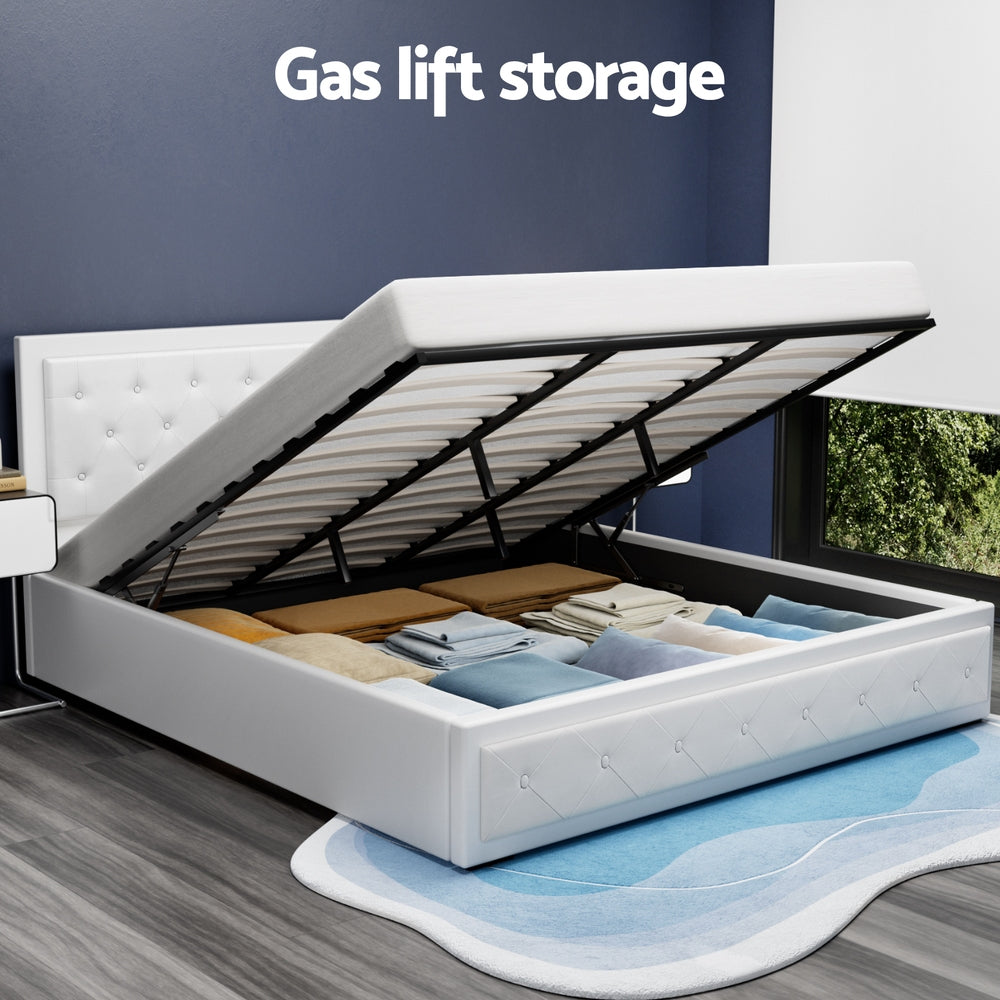Artiss PVC Leather Gas‑Lift Storage Bed Frame – King (White)