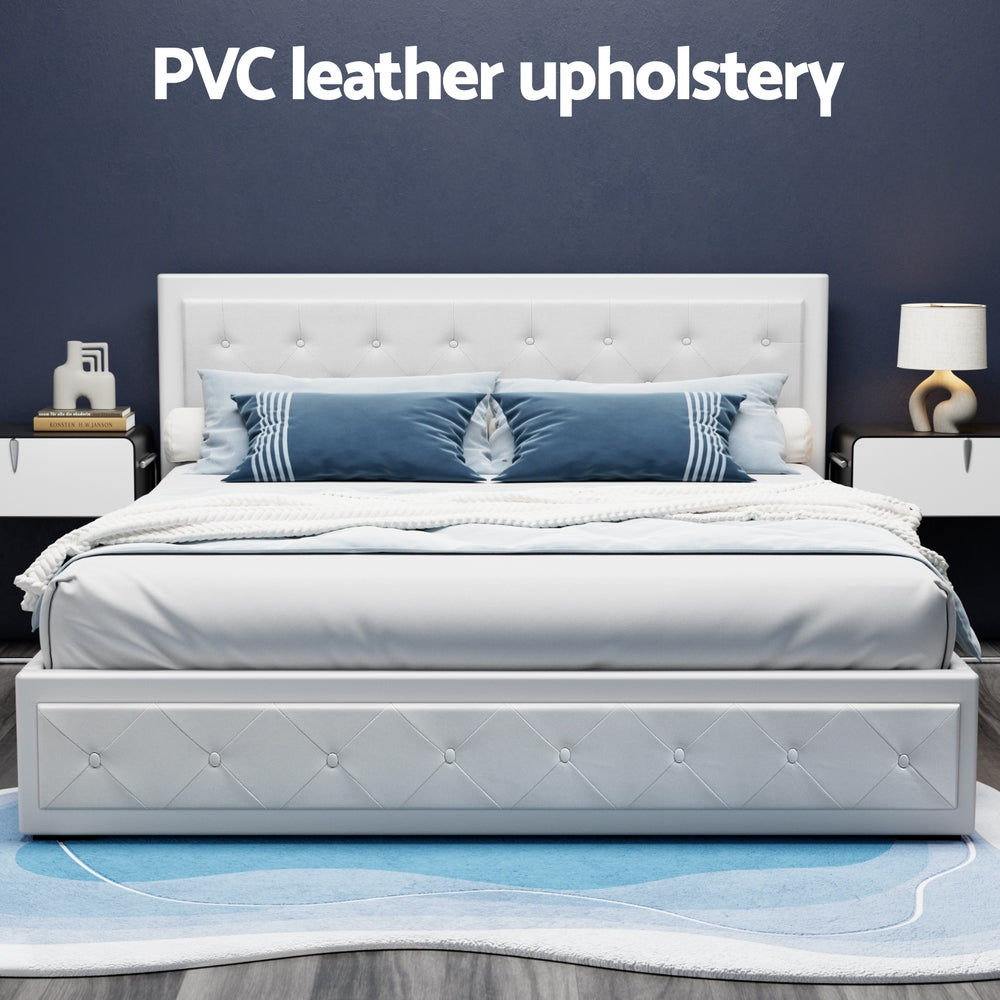 Artiss PVC Leather Gas‑Lift Storage Bed Frame – King (White)