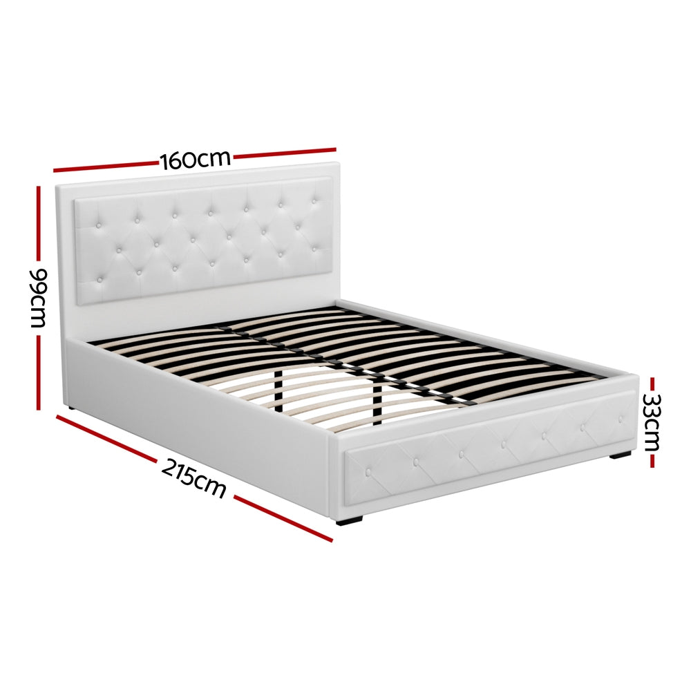 PVC Leather Gas‑Lift Storage Bed Frame – Queen (White)