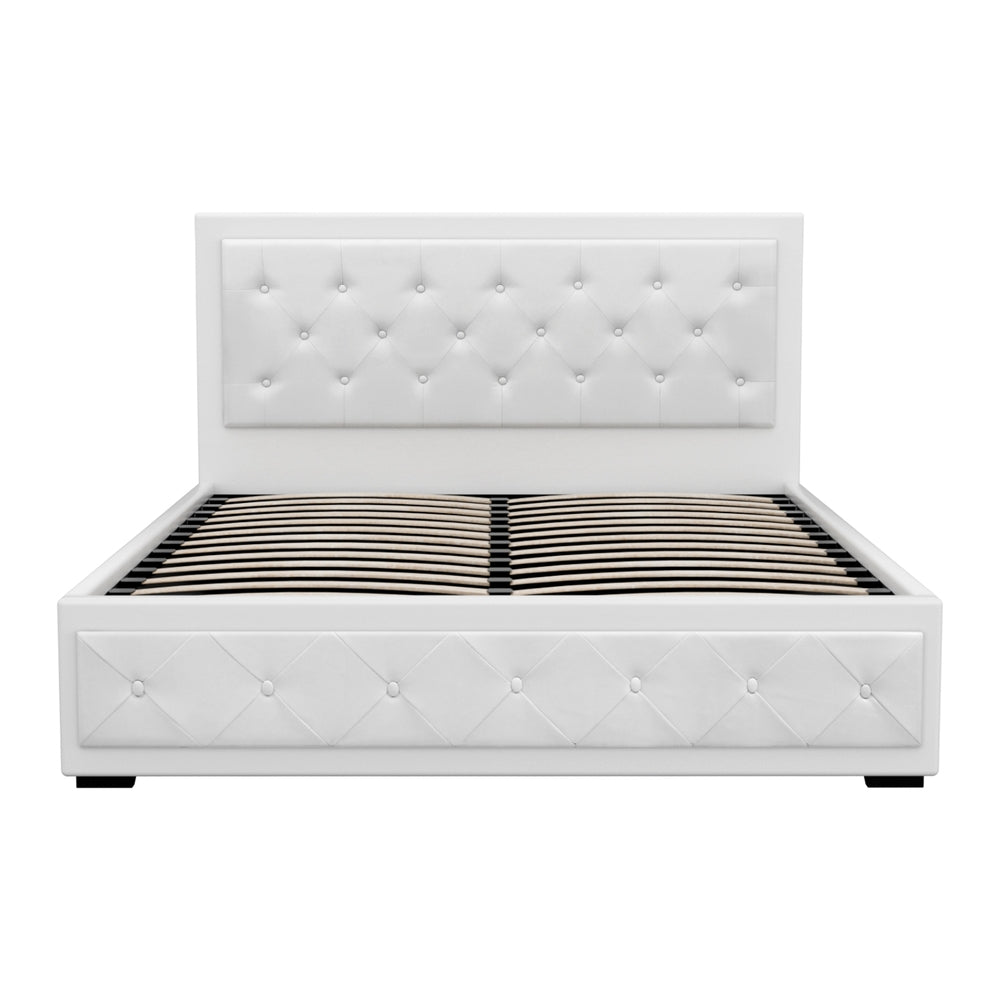 PVC Leather Gas‑Lift Storage Bed Frame – Queen (White)