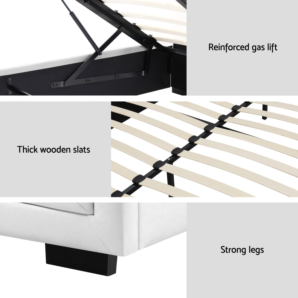 PVC Leather Gas‑Lift Storage Bed Frame – Queen (White)