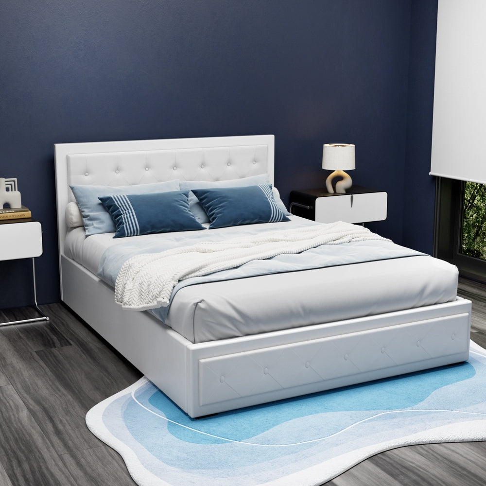 PVC Leather Gas‑Lift Storage Bed Frame – Queen (White)