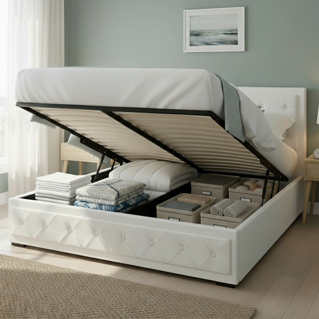 PVC Leather Gas‑Lift Storage Bed Frame – Queen (White)