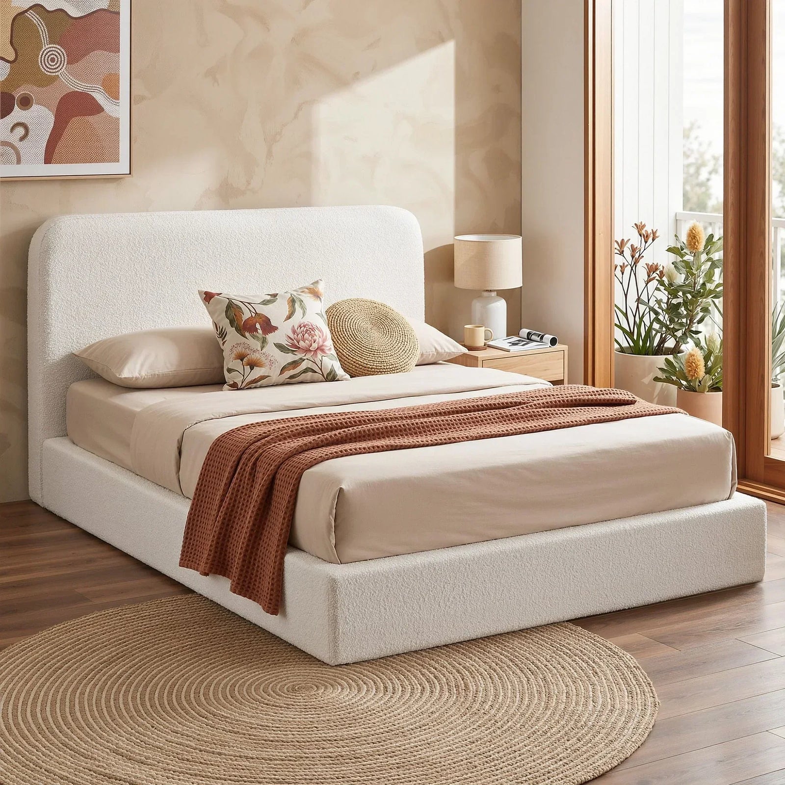 Queen Bed Frame Boucle Fabric Vacuum Compressed Beds Washable Cover No-Assembly