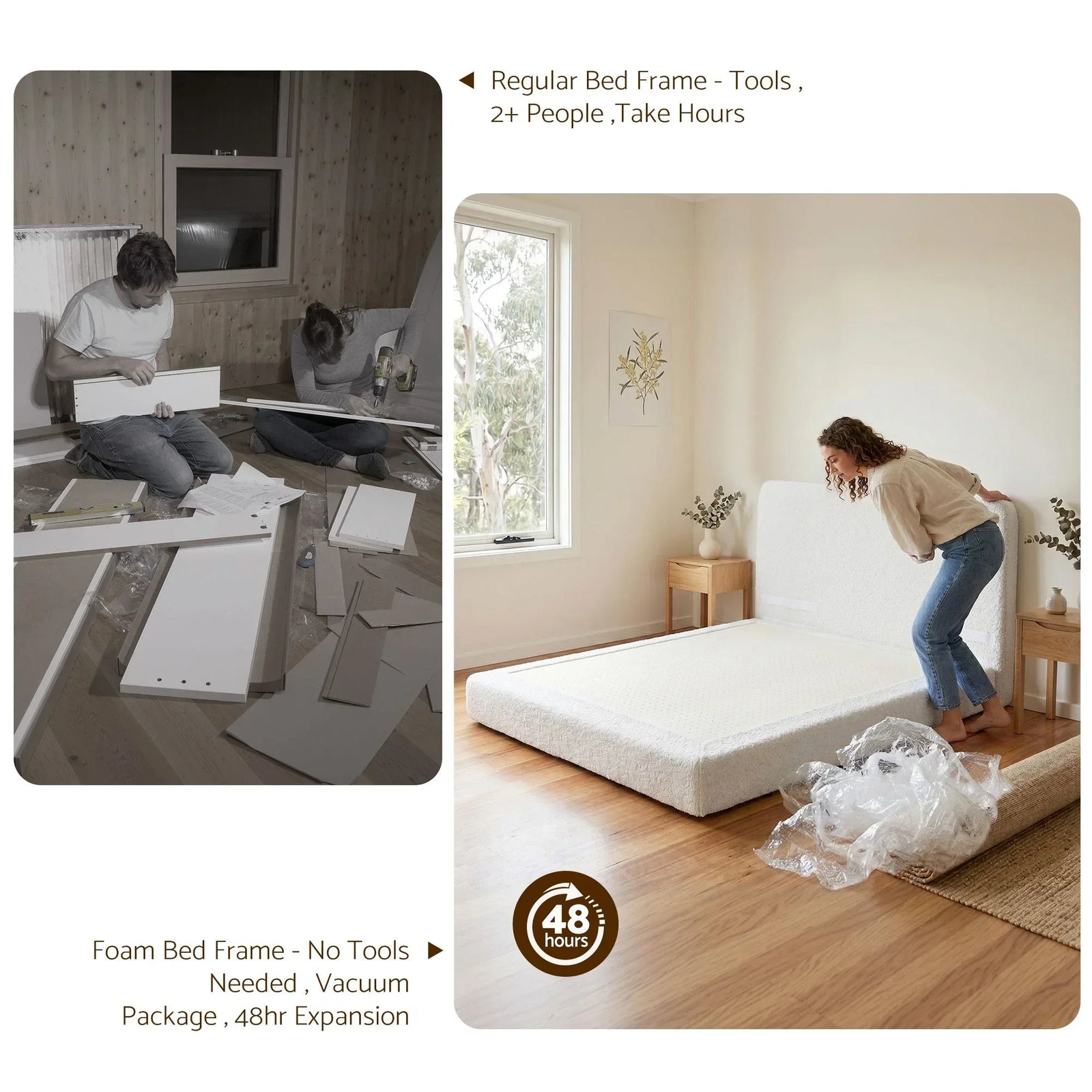 Queen Bed Frame Boucle Fabric Vacuum Compressed Beds Washable Cover No-Assembly