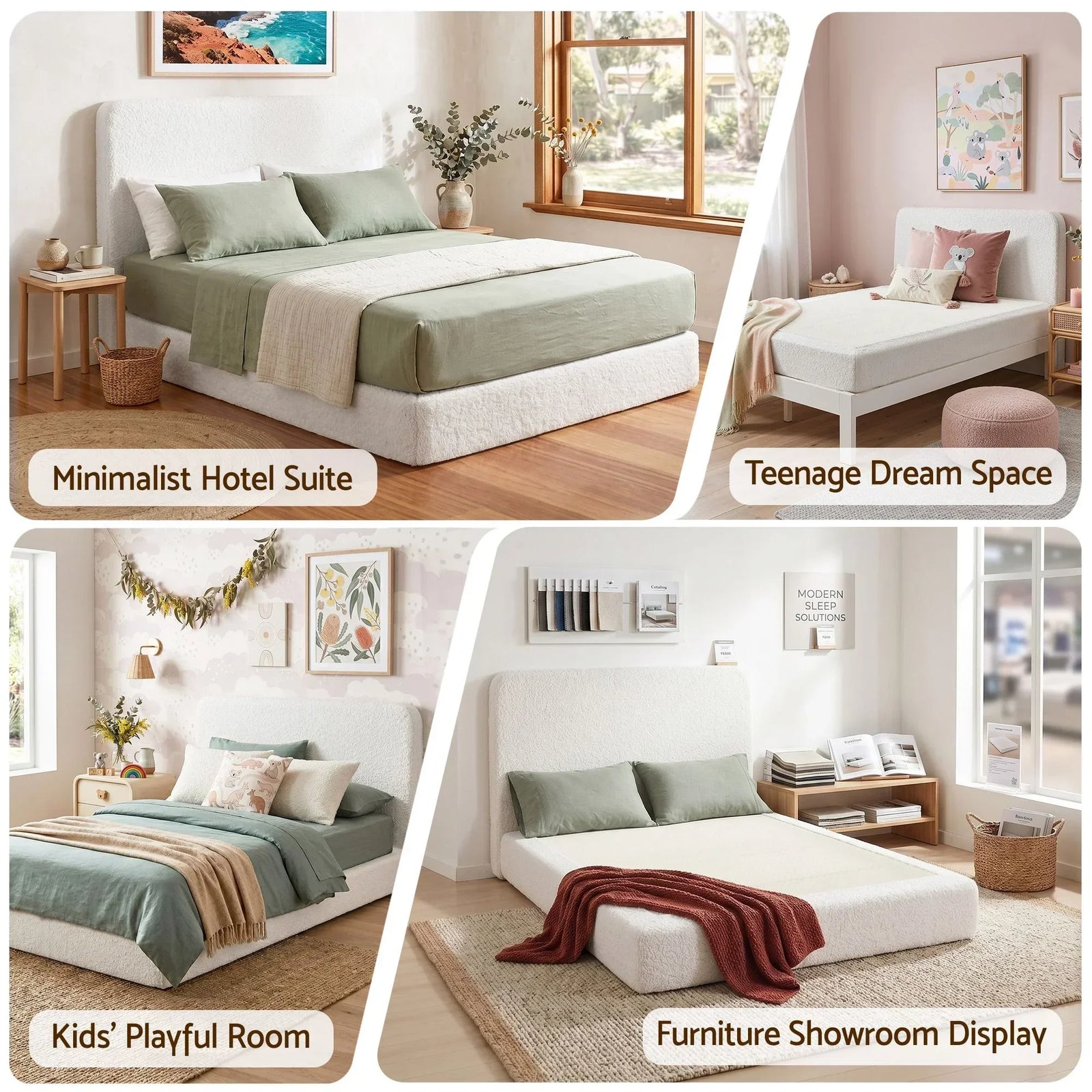 Queen Bed Frame Boucle Fabric Vacuum Compressed Beds Washable Cover No-Assembly