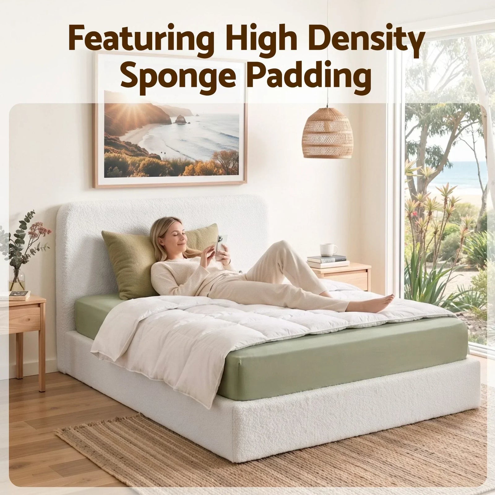 Queen Bed Frame Boucle Fabric Vacuum Compressed Beds Washable Cover No-Assembly