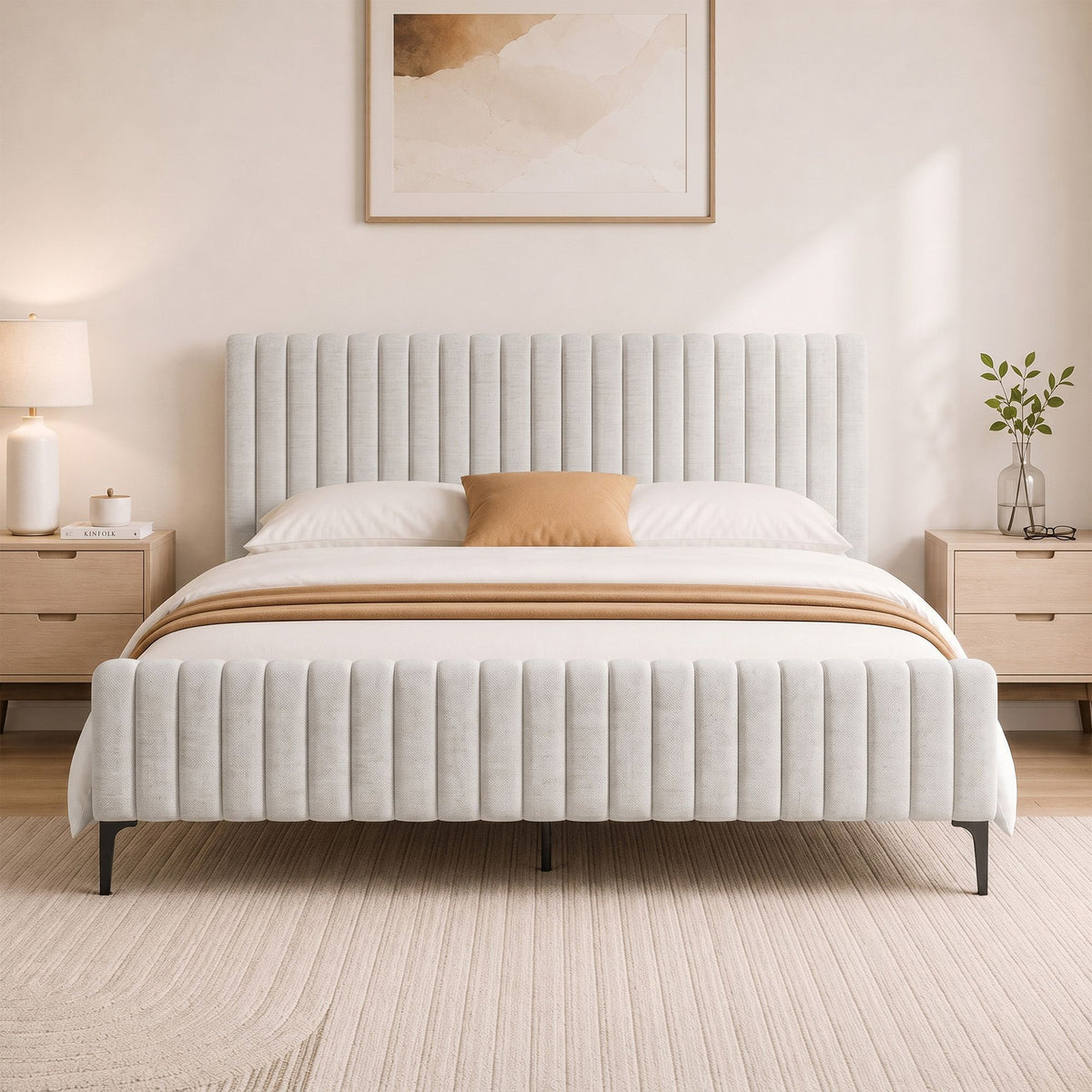 AMMY King Bed Frame Beige Upholstered Faux Linen 300kg Support
