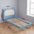Kids King Single Bed Frame Upholstered Bear Headboard Waterproof Leather Boys Bed 180kg Capacity Blue and White