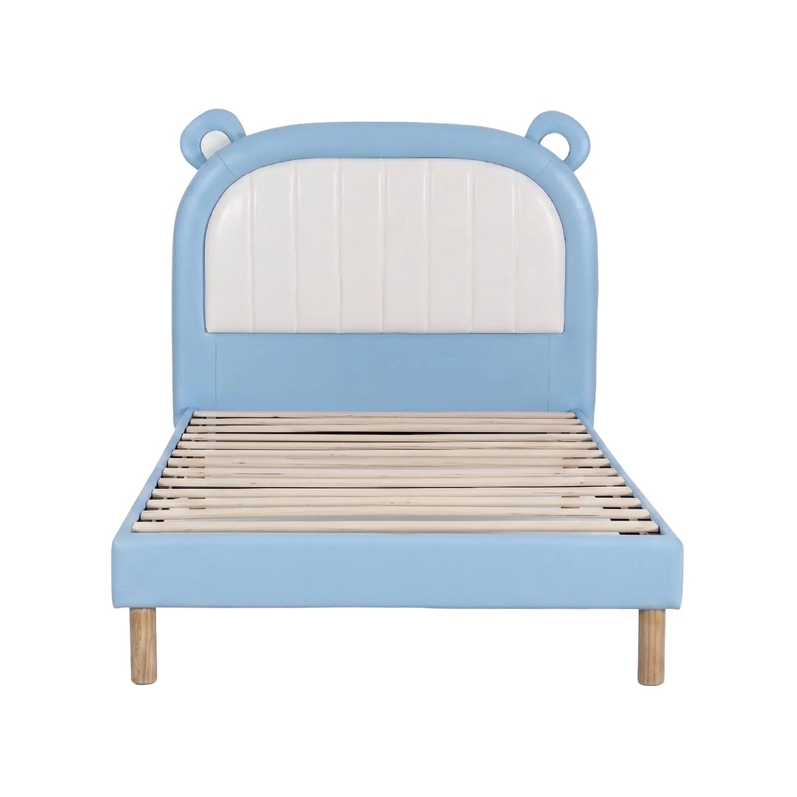 Kids King Single Bed Frame Upholstered Bear Headboard Waterproof Leather Boys Bed 180kg Capacity Blue and White