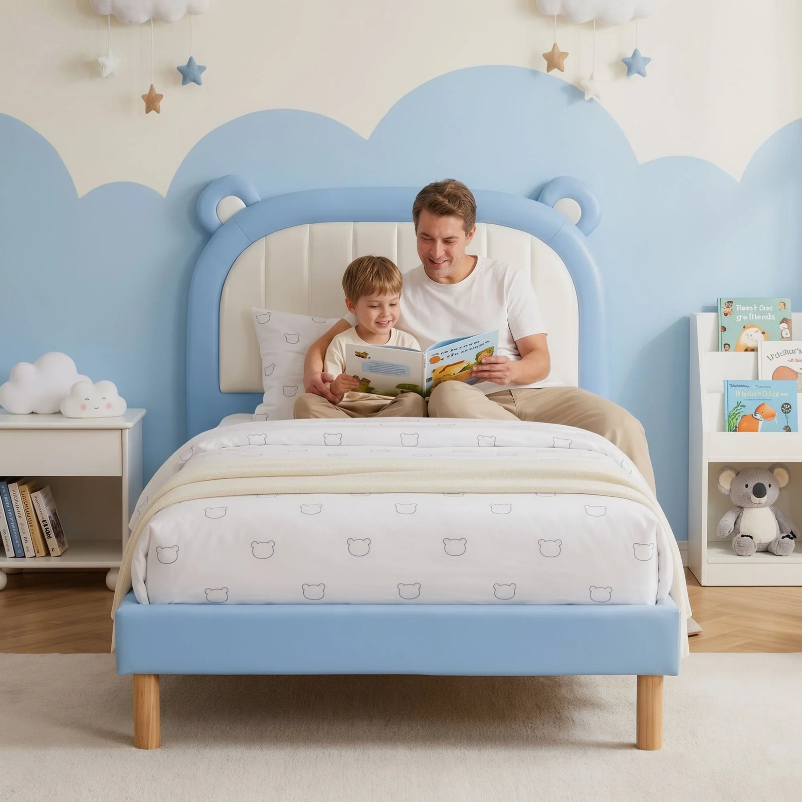 Kids King Single Bed Frame Upholstered Bear Headboard Waterproof Leather Boys Bed 180kg Capacity Blue and White