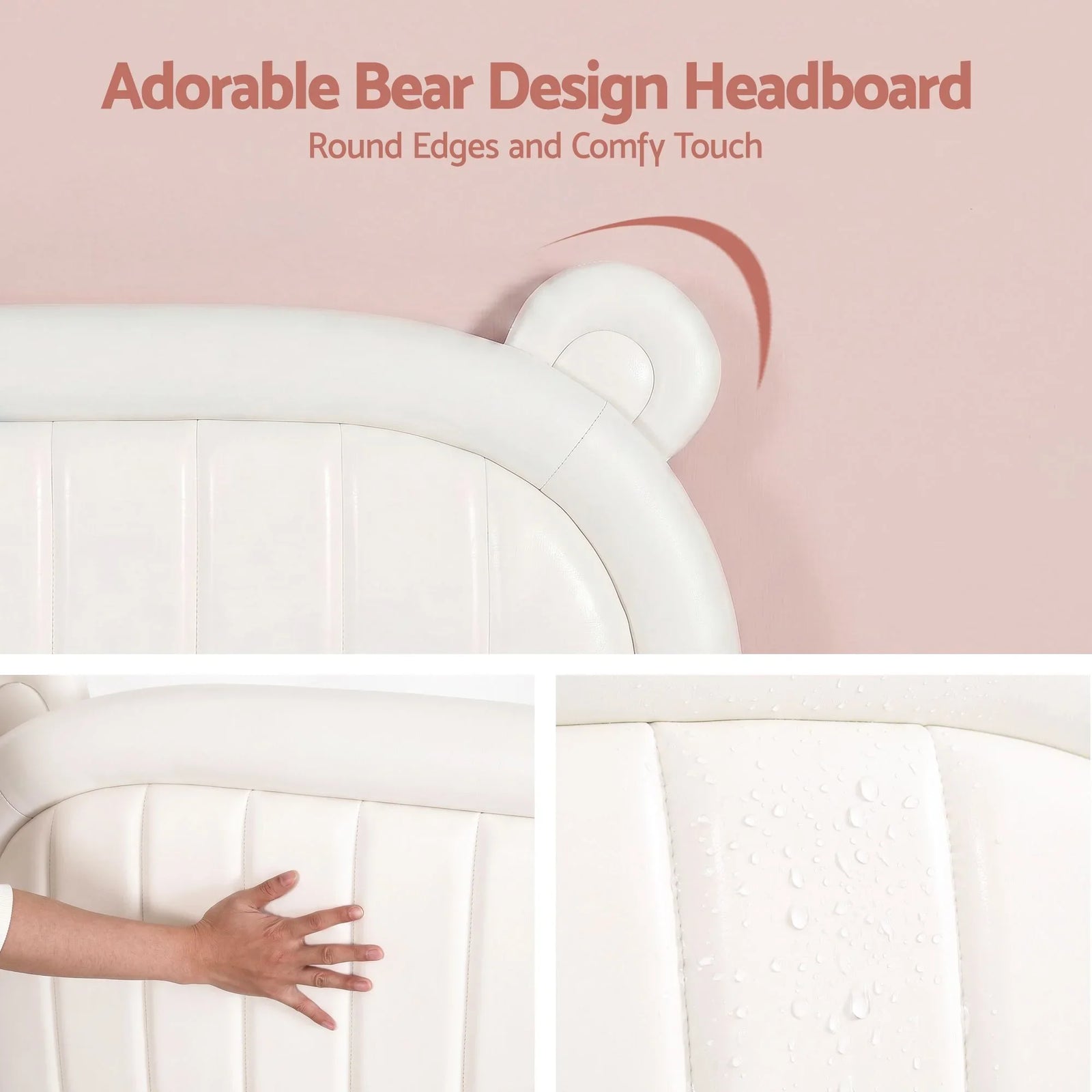 Kids King Single Bed Frame Bear Ears Headboard Upholstered Leather Platform Bed for Child