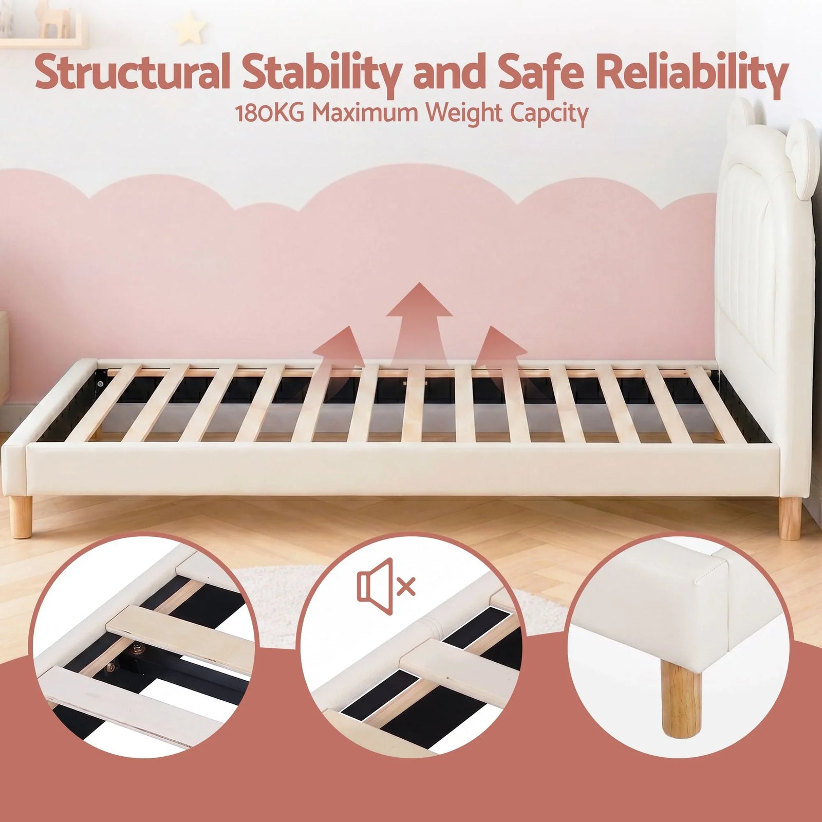 Kids King Single Bed Frame Bear Ears Headboard Upholstered Leather Platform Bed for Child
