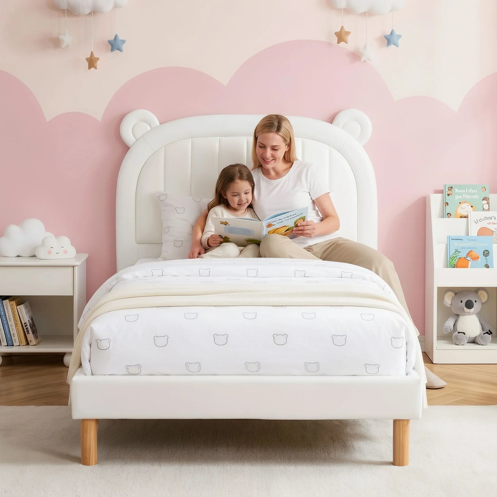 Kids King Single Bed Frame Bear Ears Headboard Upholstered Leather Platform Bed for Child
