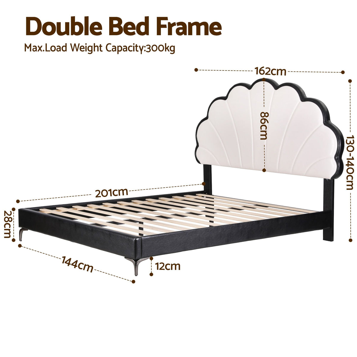 Double Bed Frame with Adjustable Shell Headboard and PVC Upholstery