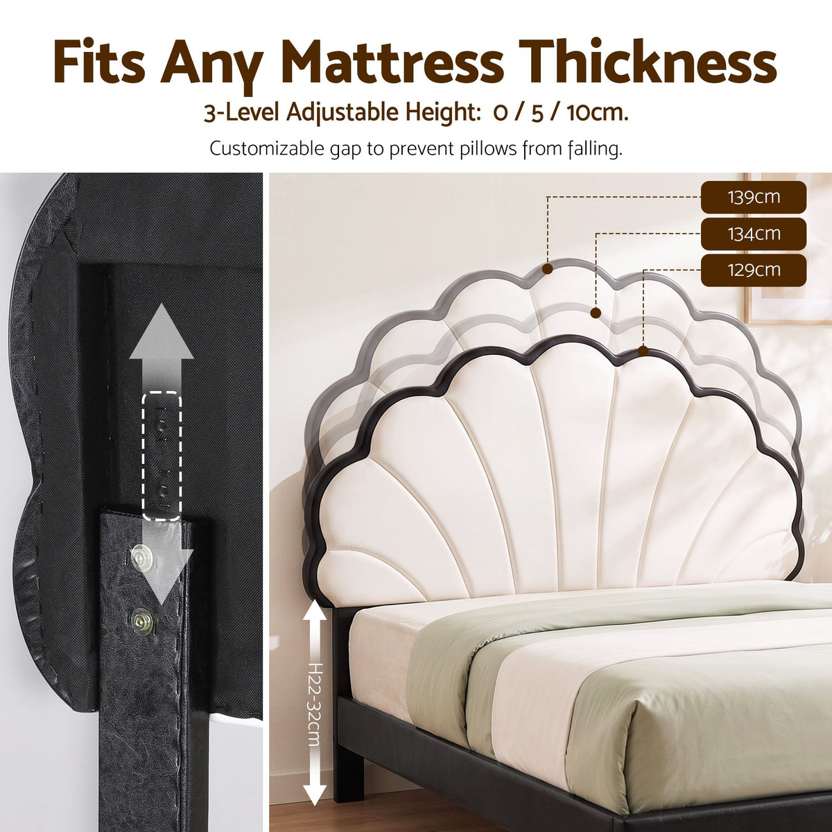 Double Bed Frame with Adjustable Shell Headboard and PVC Upholstery