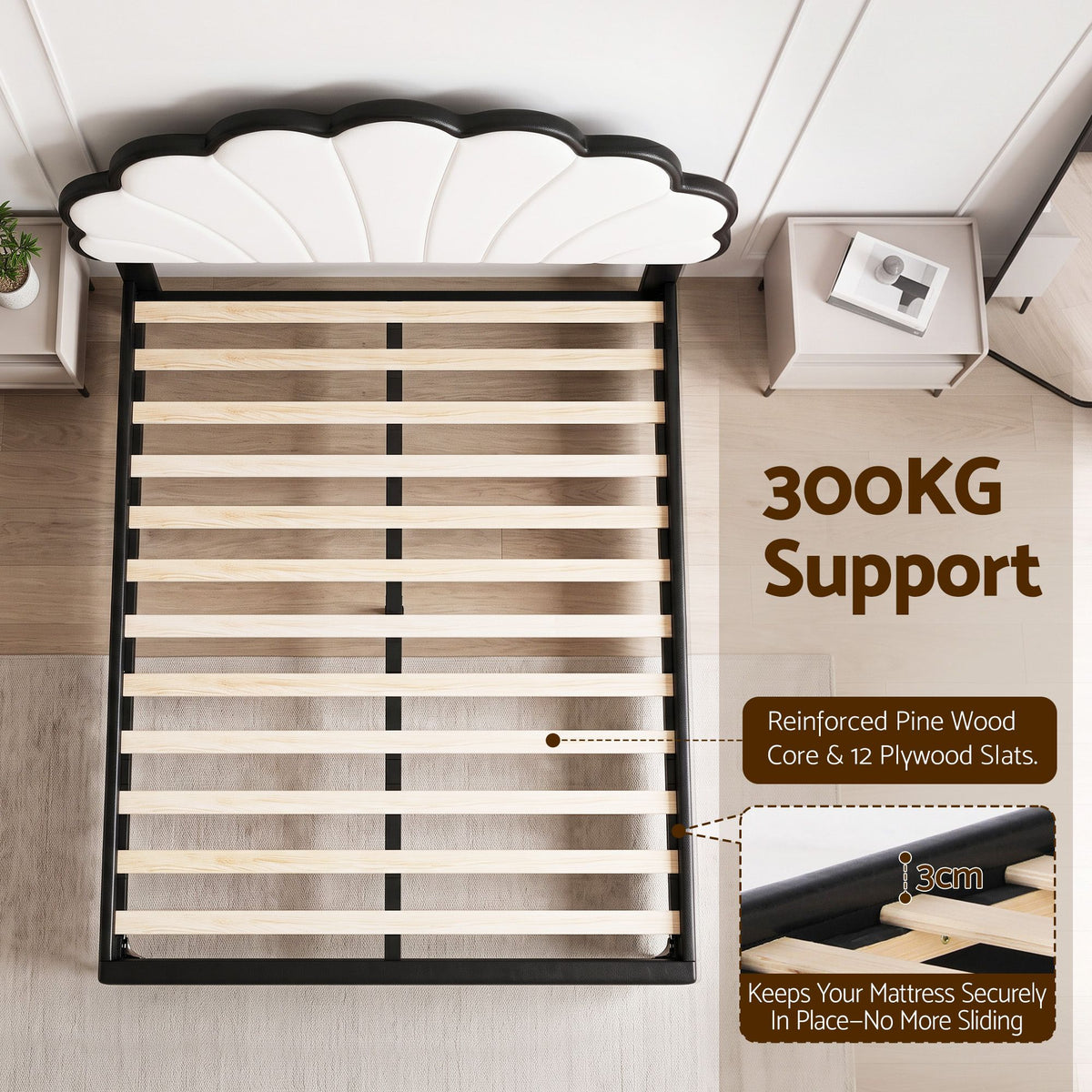 Double Bed Frame with Adjustable Shell Headboard and PVC Upholstery