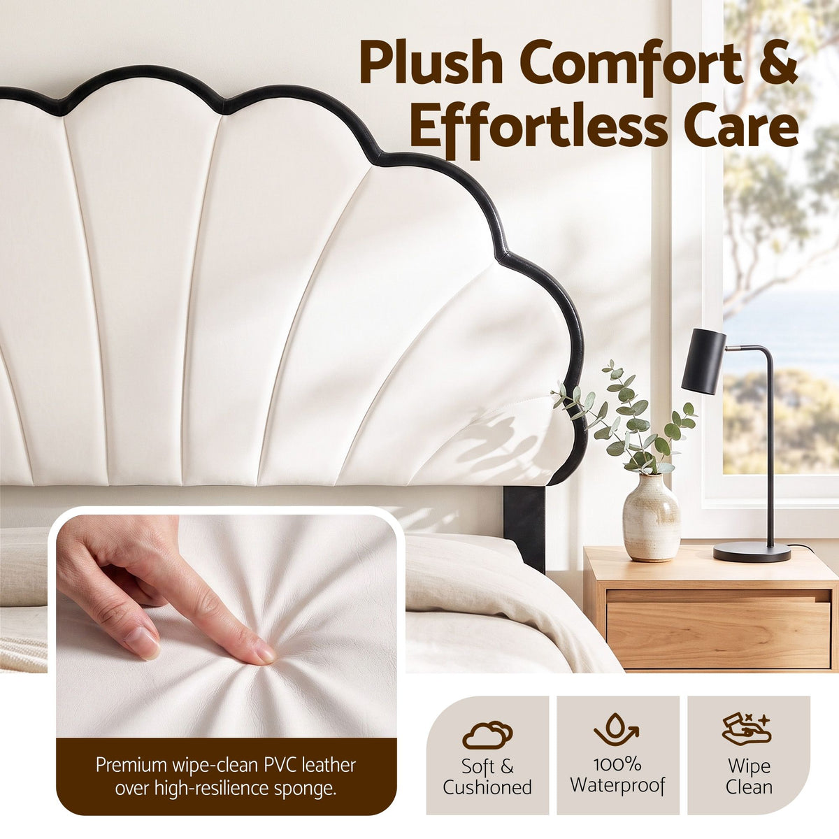 Double Bed Frame with Adjustable Shell Headboard and PVC Upholstery