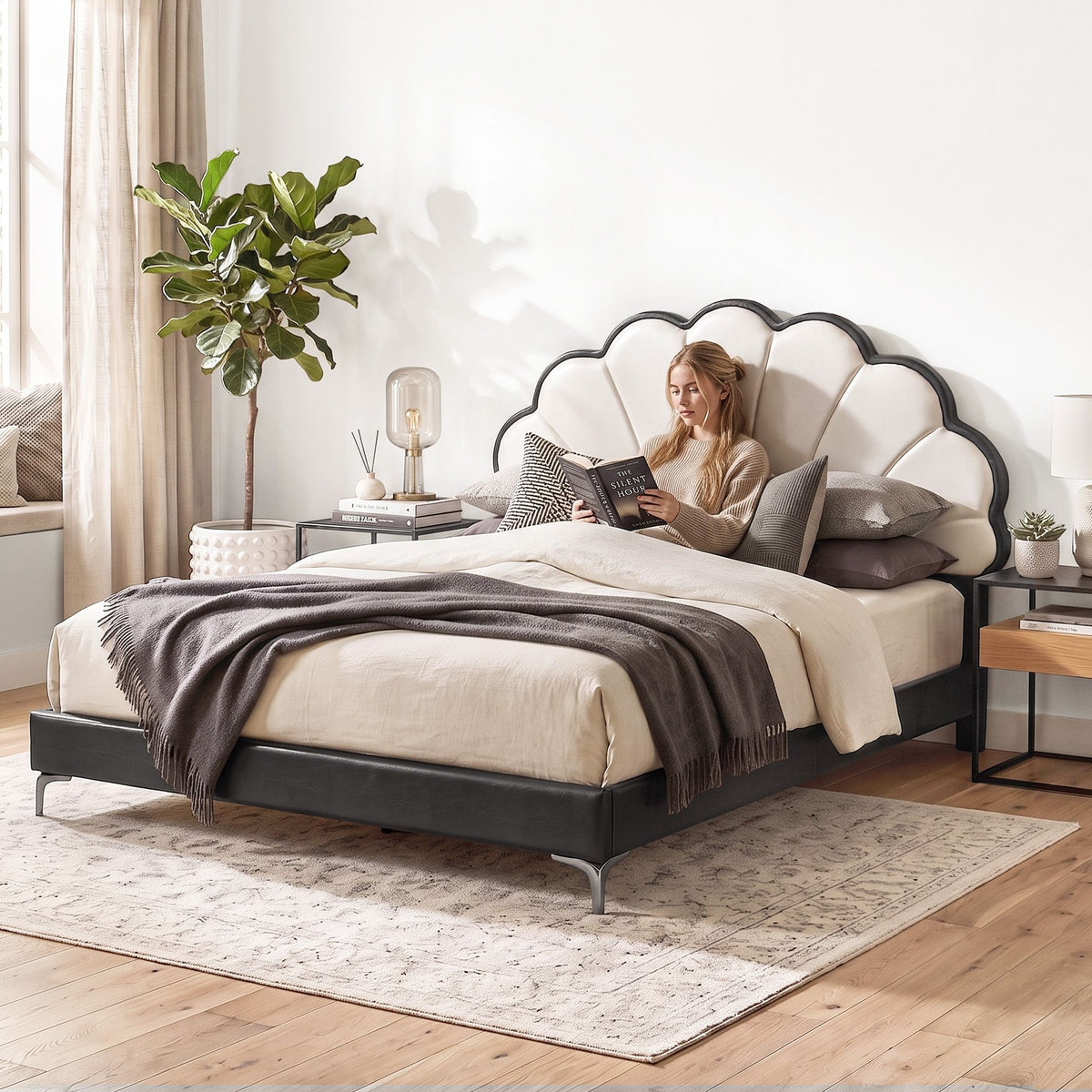 Double Bed Frame with Adjustable Shell Headboard and PVC Upholstery