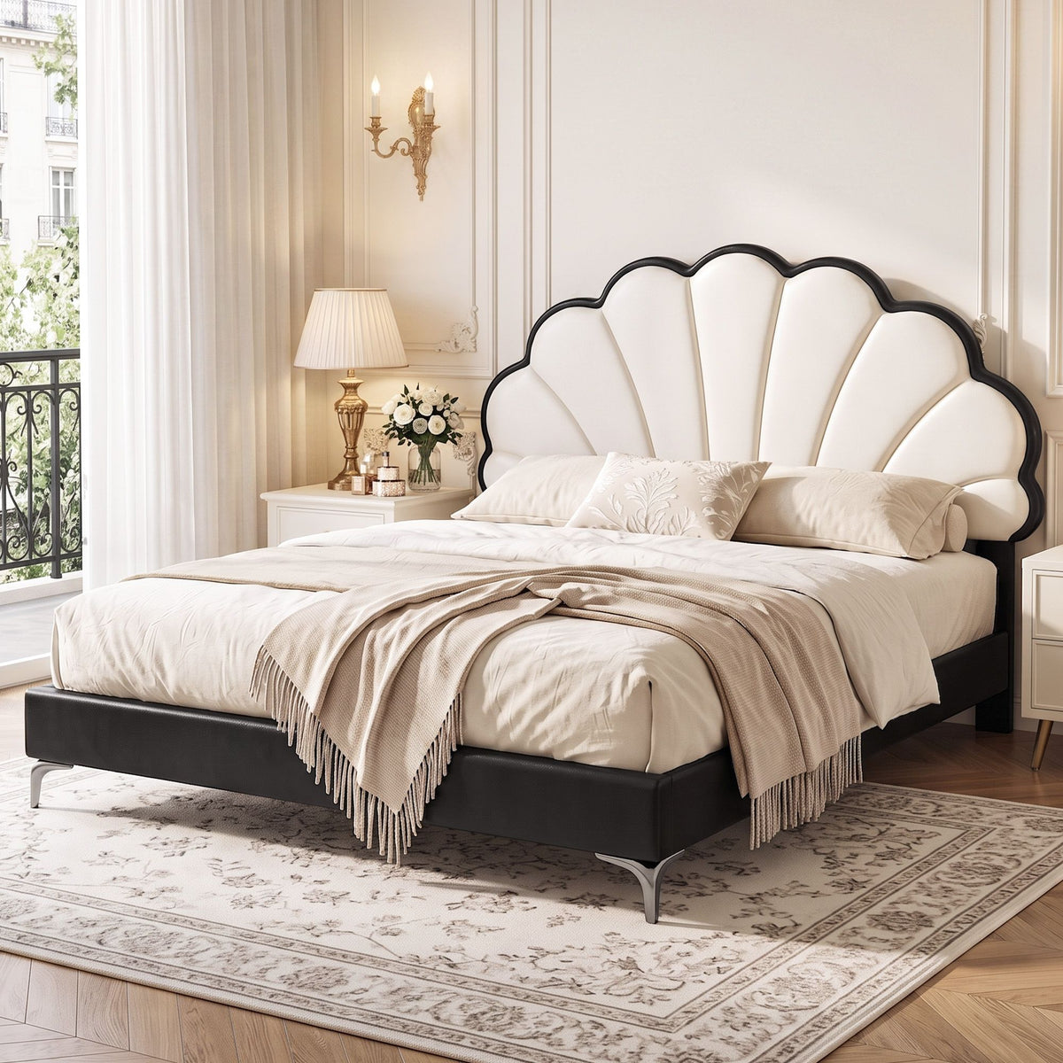 Double Bed Frame with Adjustable Shell Headboard and PVC Upholstery