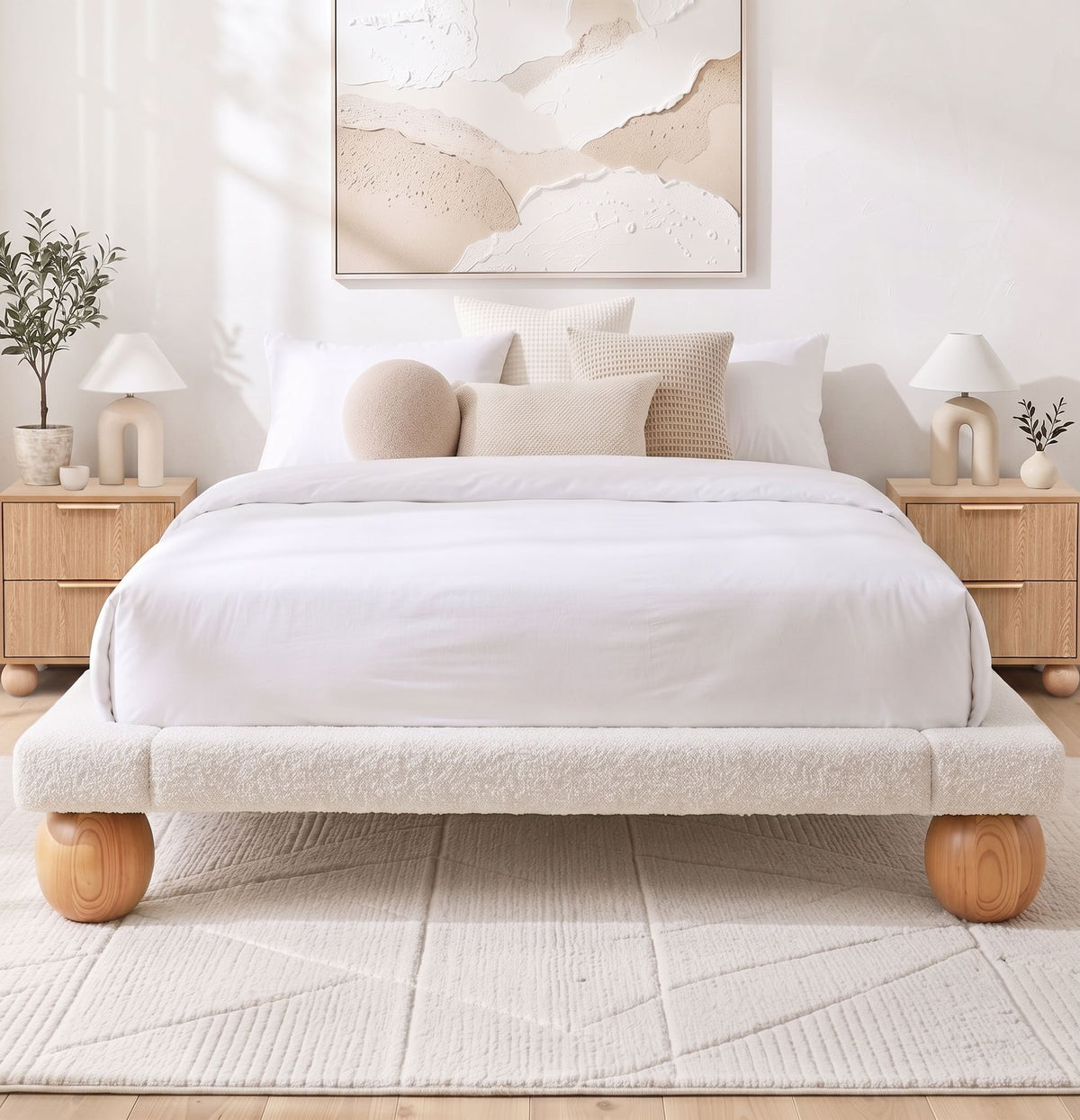 Artiss Queen Bouclé Platform Bed Frame & 2 Bedside Tables Set, Rubberwood Feet