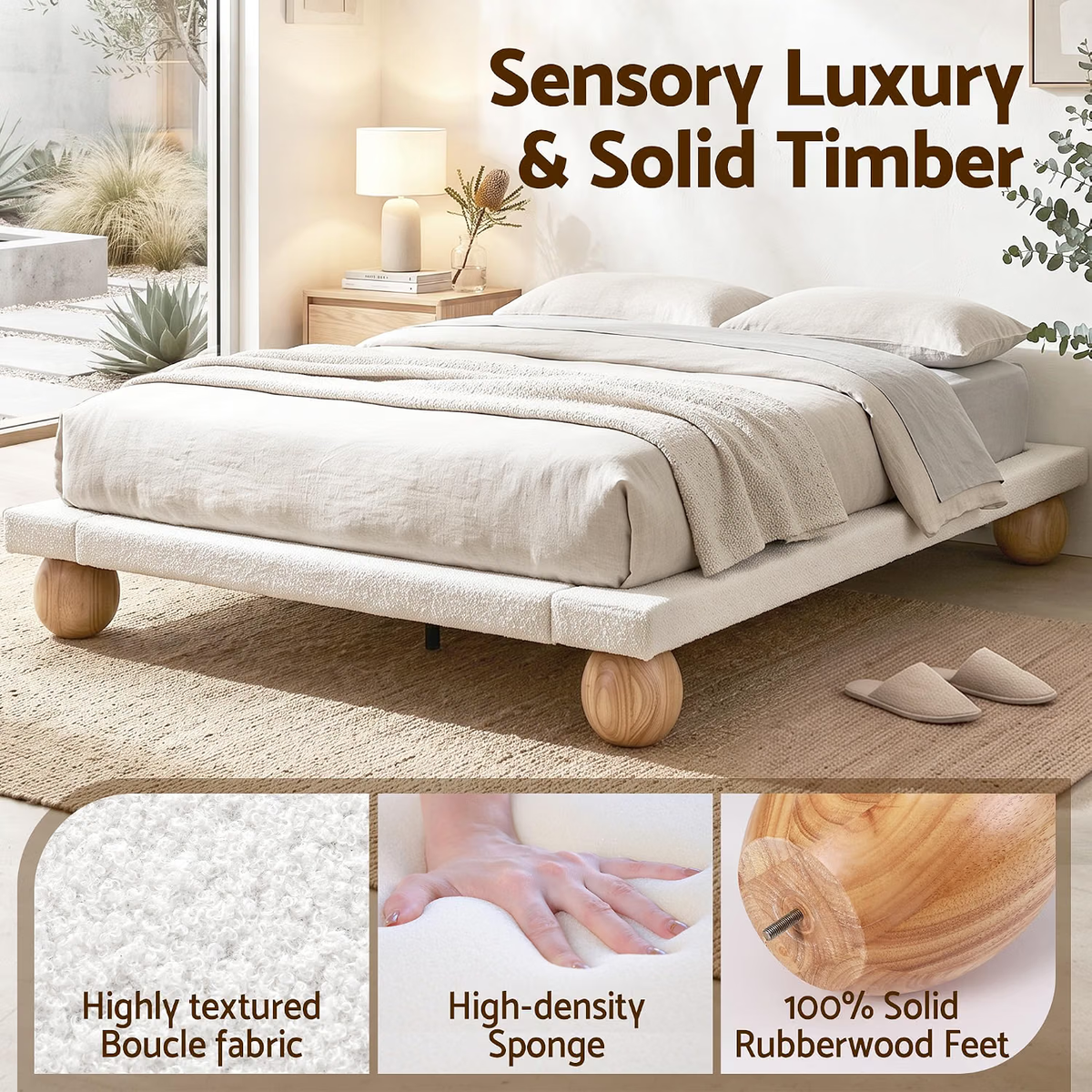 Artiss Queen Bouclé Platform Bed Frame & 2 Bedside Tables Set, Rubberwood Feet