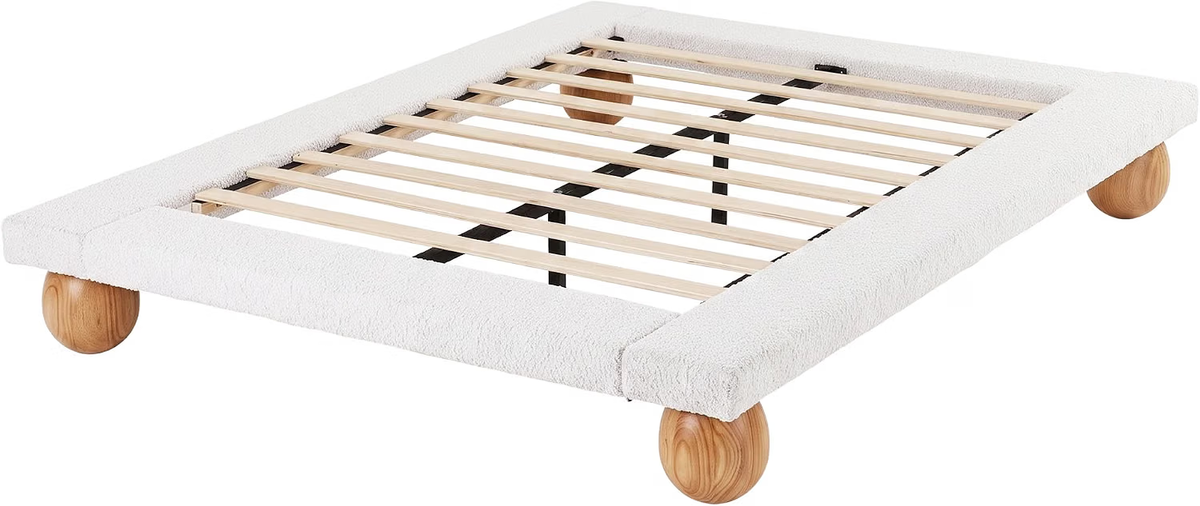 Artiss Queen Bouclé Platform Bed Frame & 2 Bedside Tables Set, Rubberwood Feet