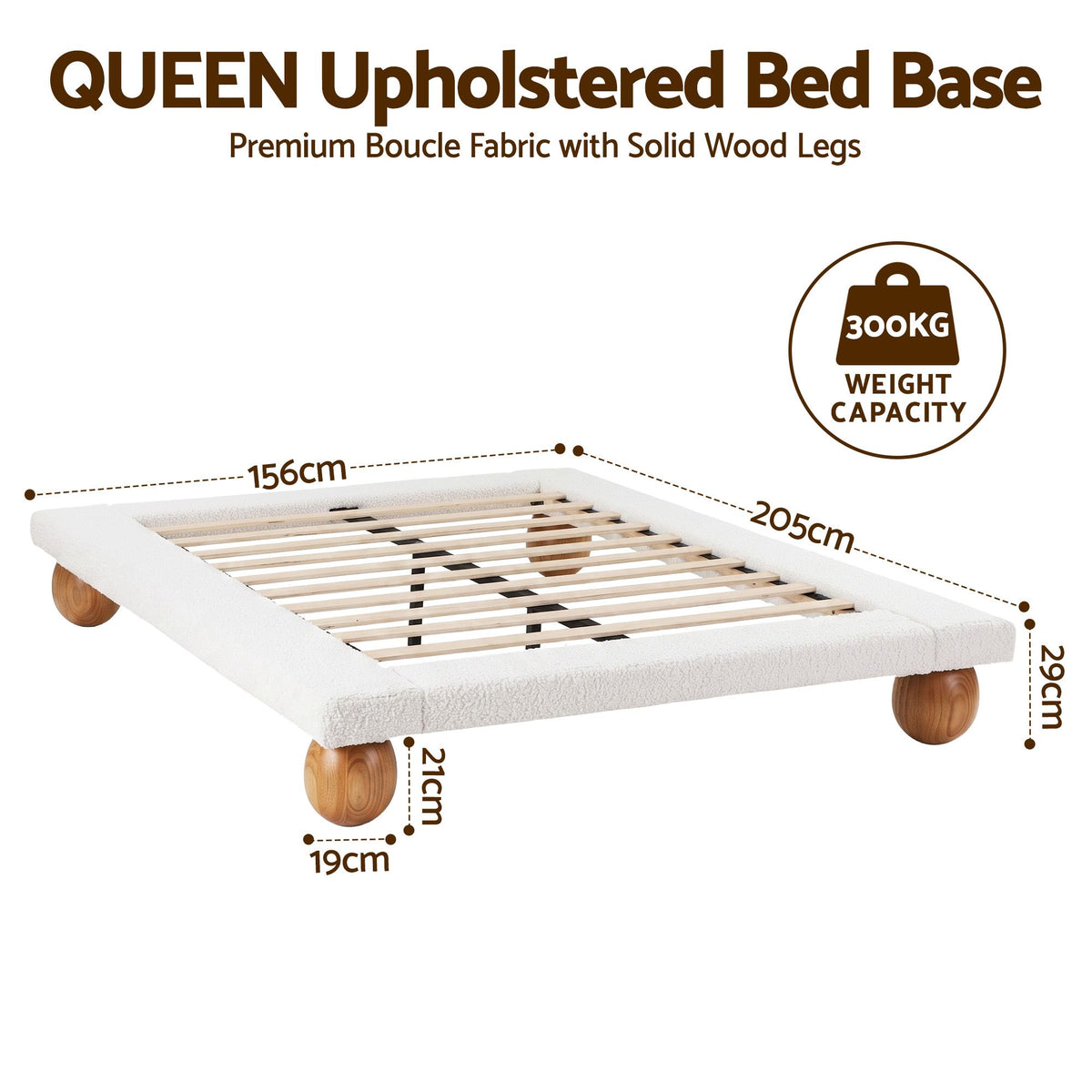 Queen Bed Frame with Boucle Upholstery and Solid Rubber Wood Legs