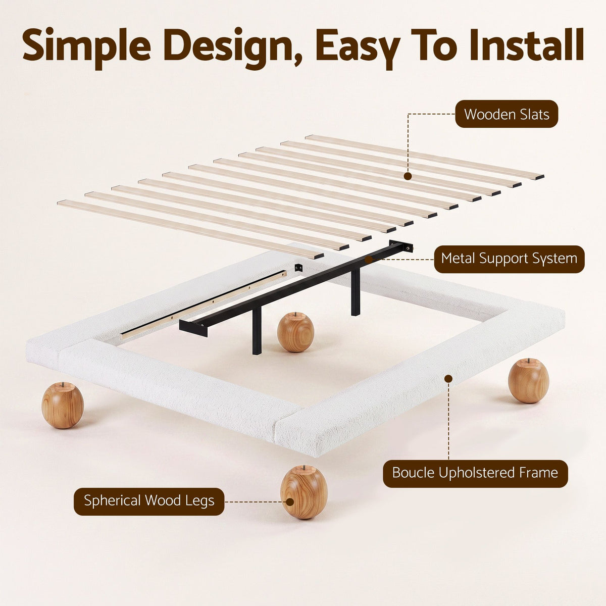 Queen Bed Frame with Boucle Upholstery and Solid Rubber Wood Legs