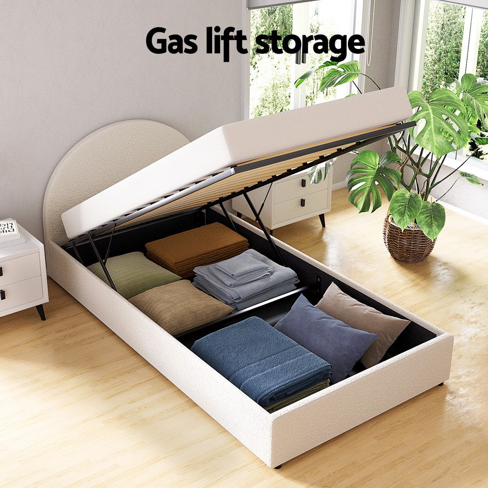 Bed Frame Gas Lift Storage Base Platform Boucle Fabric King Single ELLA