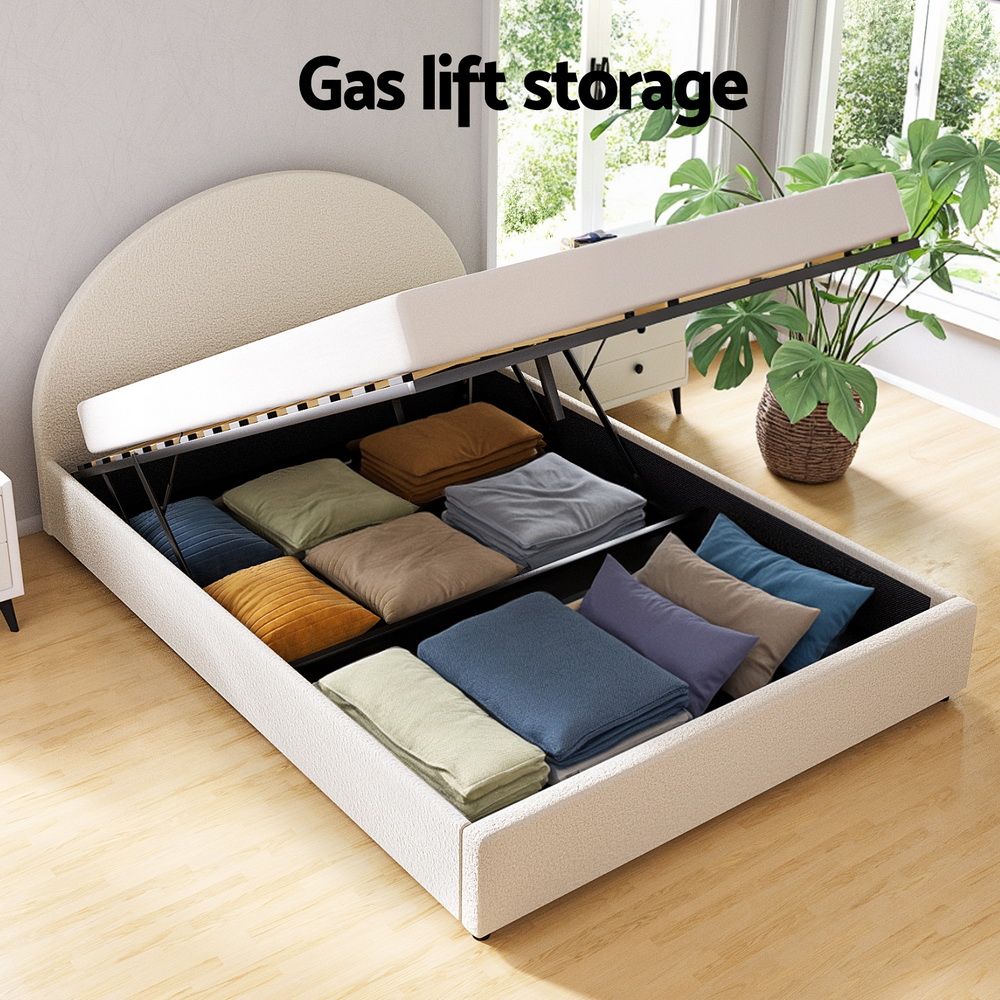 Bed Frame Gas Lift Storage Base Platform Boucle Fabric Queen Size ELLA