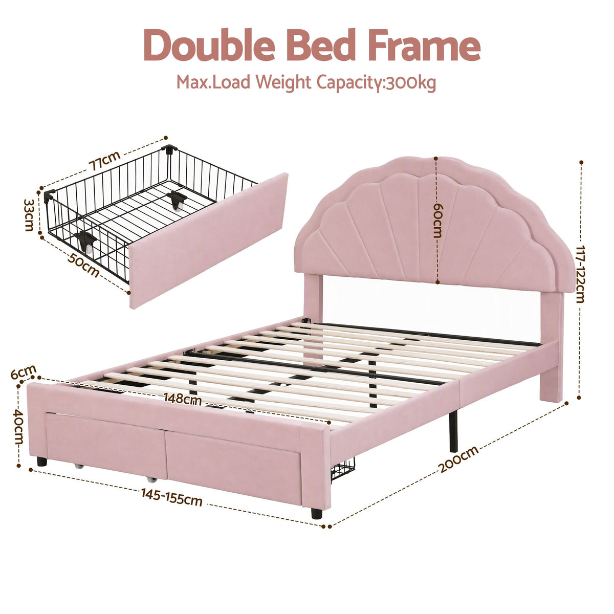 Artiss Double Bed Frame 2 Storage Drawers Velvet Shell Headboard LED Light Pink