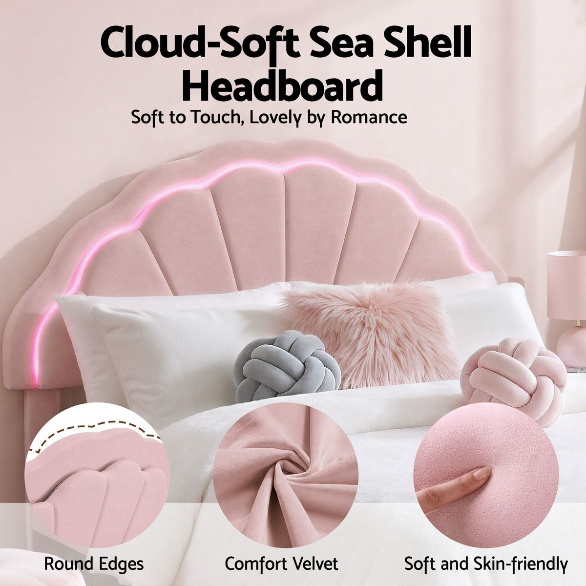 Artiss Double Bed Frame 2 Storage Drawers Velvet Shell Headboard LED Light Pink