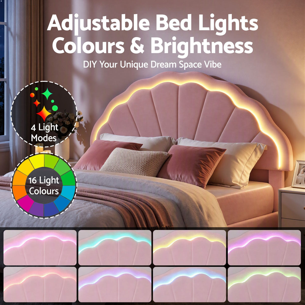 Artiss Double Bed Frame 2 Storage Drawers Velvet Shell Headboard LED Light Pink