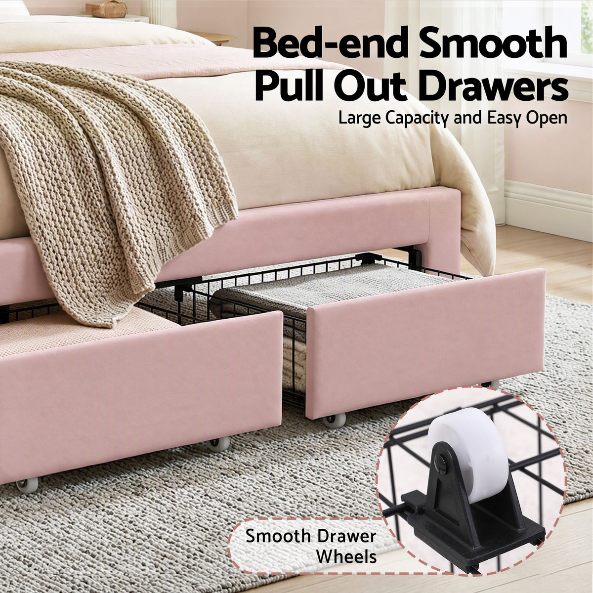 Artiss Double Bed Frame 2 Storage Drawers Velvet Shell Headboard LED Light Pink