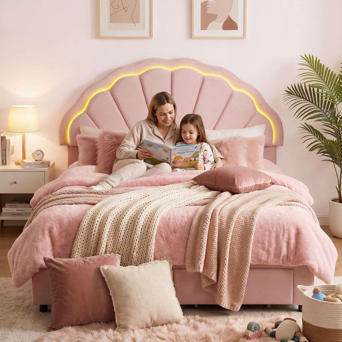 Artiss Double Bed Frame 2 Storage Drawers Velvet Shell Headboard LED Light Pink
