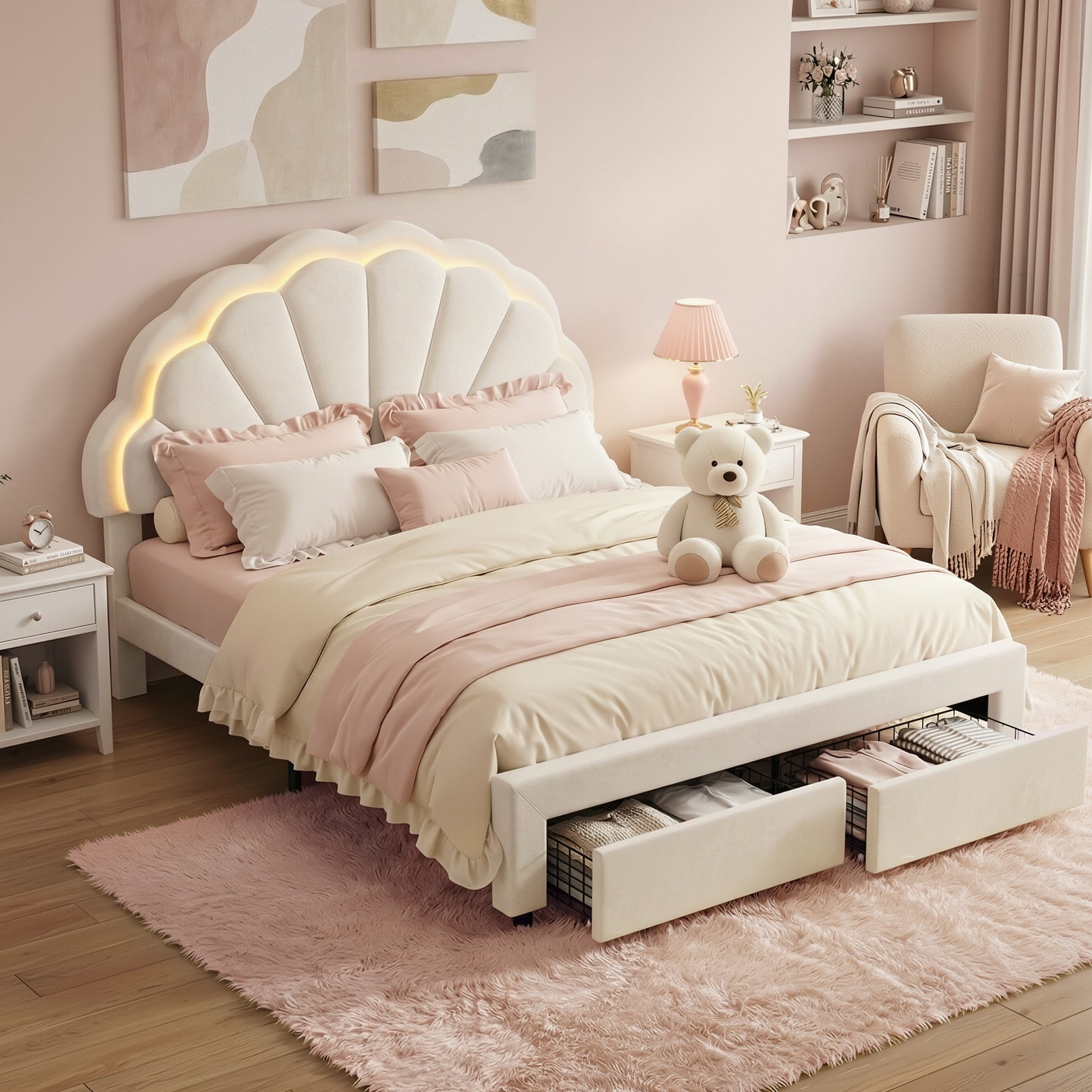 Double Bed Frame with 2 Storage Drawers Upholstered Velvet Platform Bed LED Headboard