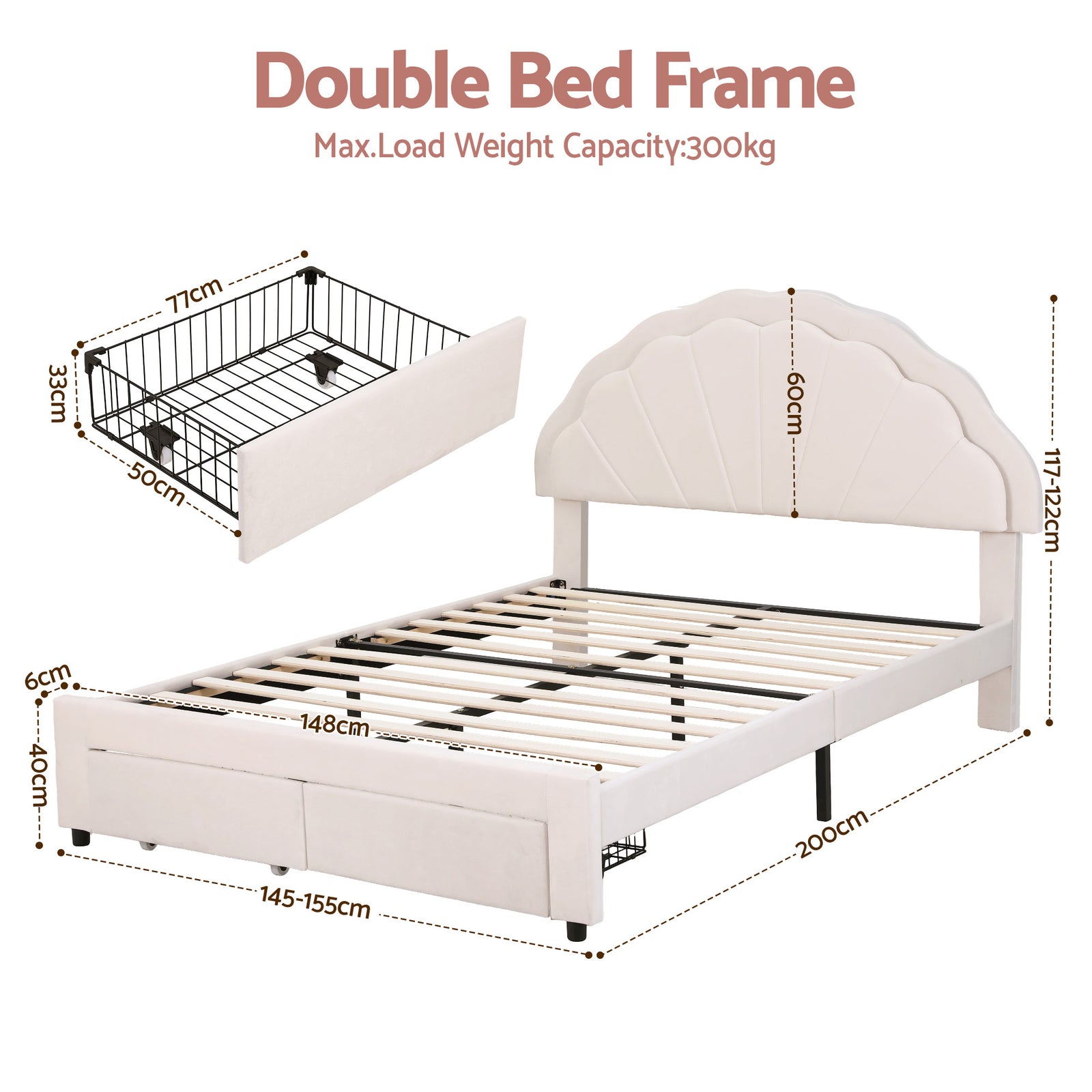 Double Bed Frame with 2 Storage Drawers Upholstered Velvet Platform Bed LED Headboard