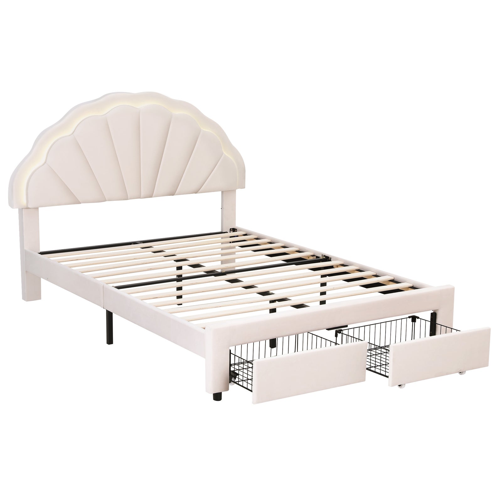 Double Bed Frame with 2 Storage Drawers Upholstered Velvet Platform Bed LED Headboard