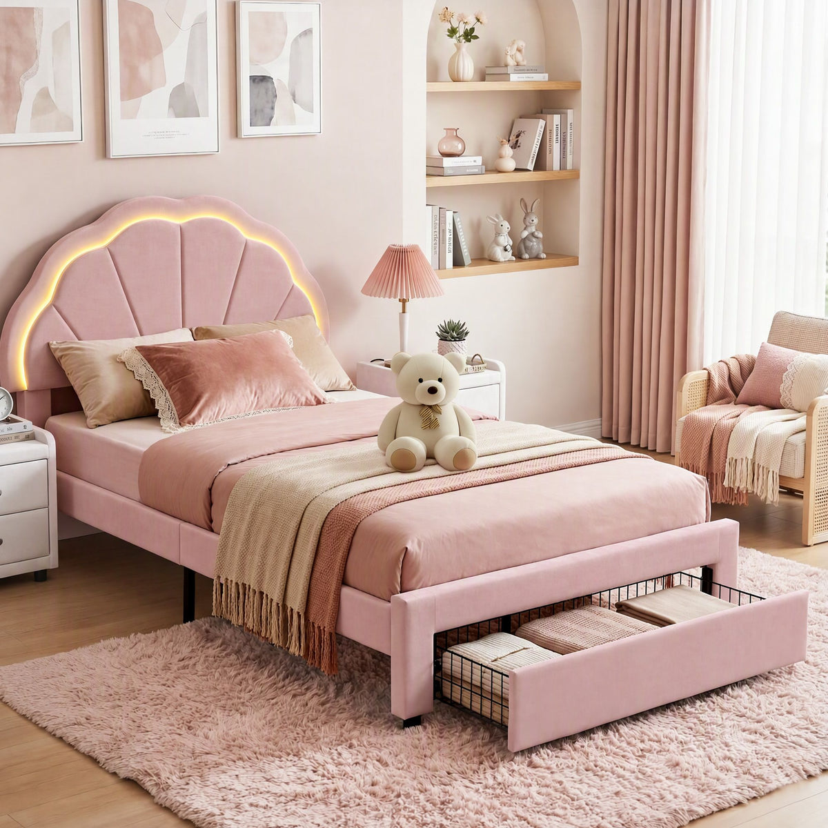 Artiss King Single Velvet Bed Frame Storage Drawer Shell LED Headboard Pink