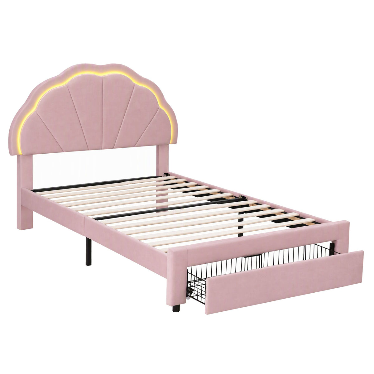 Artiss King Single Velvet Bed Frame Storage Drawer Shell LED Headboard Pink