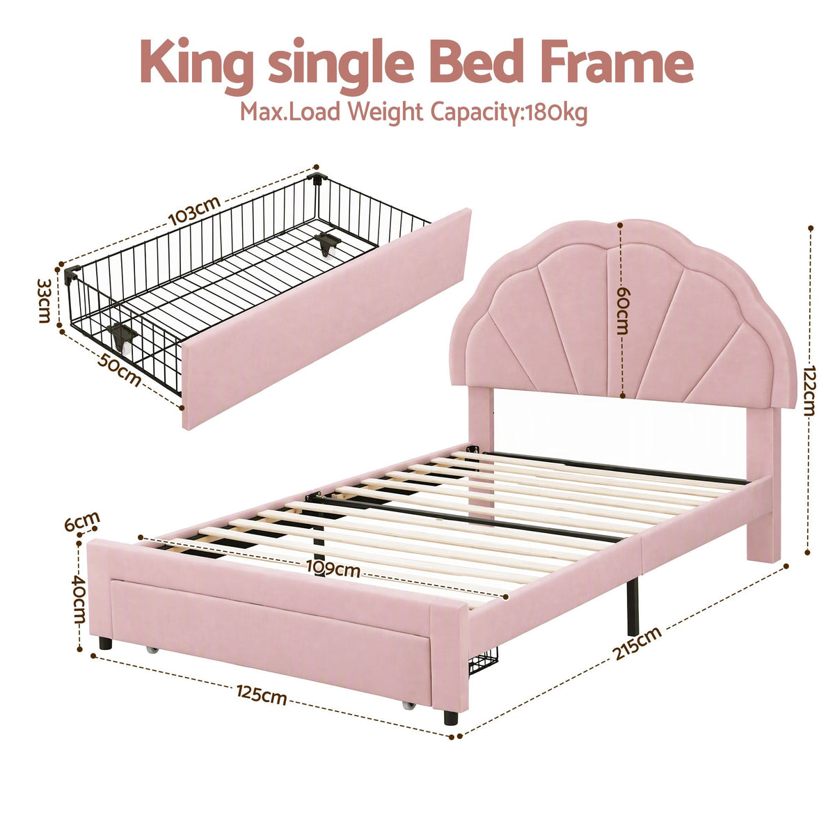 Artiss King Single Velvet Bed Frame Storage Drawer Shell LED Headboard Pink