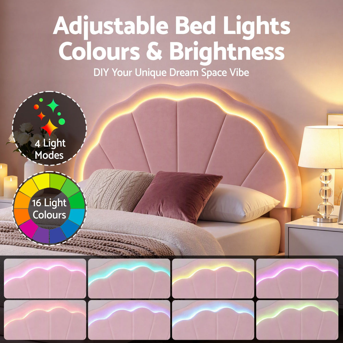 Artiss King Single Velvet Bed Frame Storage Drawer Shell LED Headboard Pink